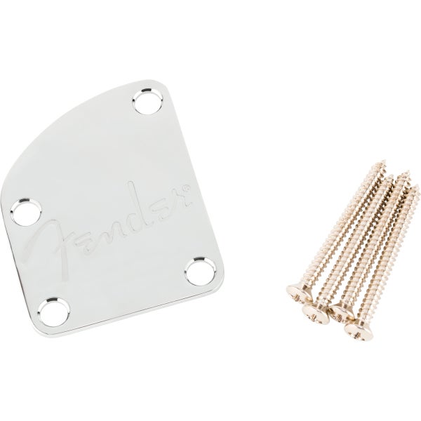 Fender Contoured Heel Neck Plate Chrome afgerond halsplaatje met Fender Spaghetti-logo