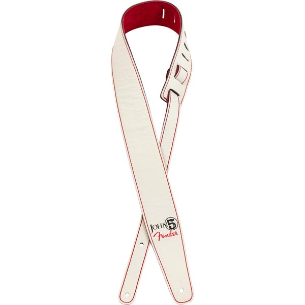 Fender John 5 Leather Strap lederen gitaarband wit met rood