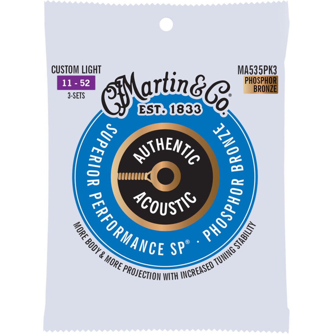 Martin Strings MA535PK3 Authentic Acoustic SP Phosphor Bronze 3-Pack Custom Light 11-52 Acoustic Guitar Strings
