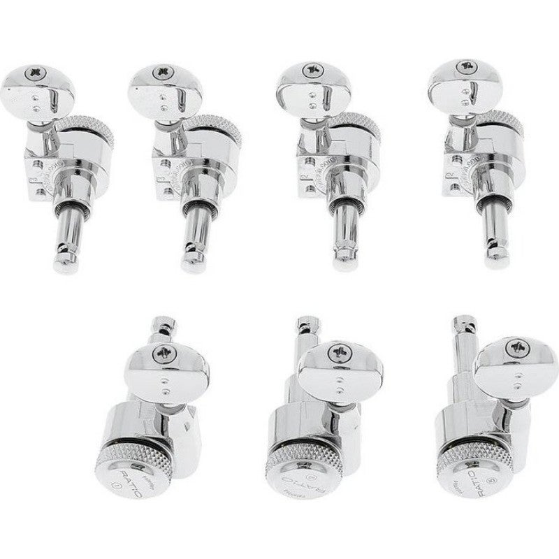 Graph Tech PRL 8621 C7 Ratio Electric Locking Machine Heads met Contemporary Mini knop - 7-Snarig, 3 + 4 - Chroom