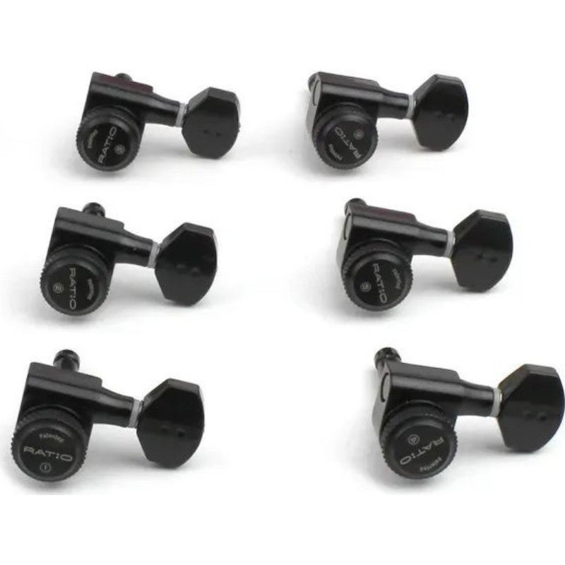 Graph Tech PRL 8721 B0 Ratio Electric Locking Machine Heads met mini hedendaagse knop, 6-in-line, baszijde, links, zwart