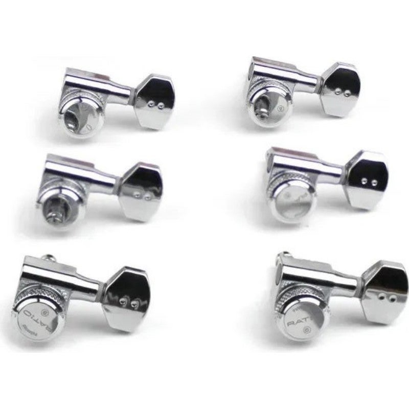 Graph Tech PRL 8721 C0 Ratio Electric Locking Machine Heads mini hedendaagse knop, 6-in-line, baszijde, links, chroom