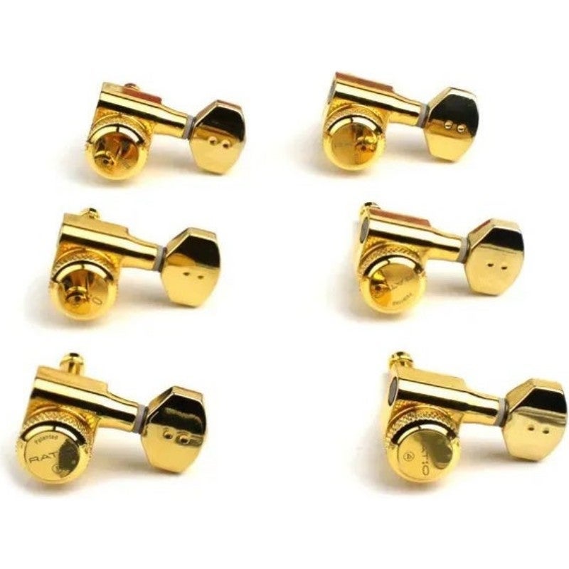 Graph Tech PRL 8721 G0 Ratio Electric Locking Machine Heads met mini hedendaagse knop, 6-in-line, baszijde, links, goud