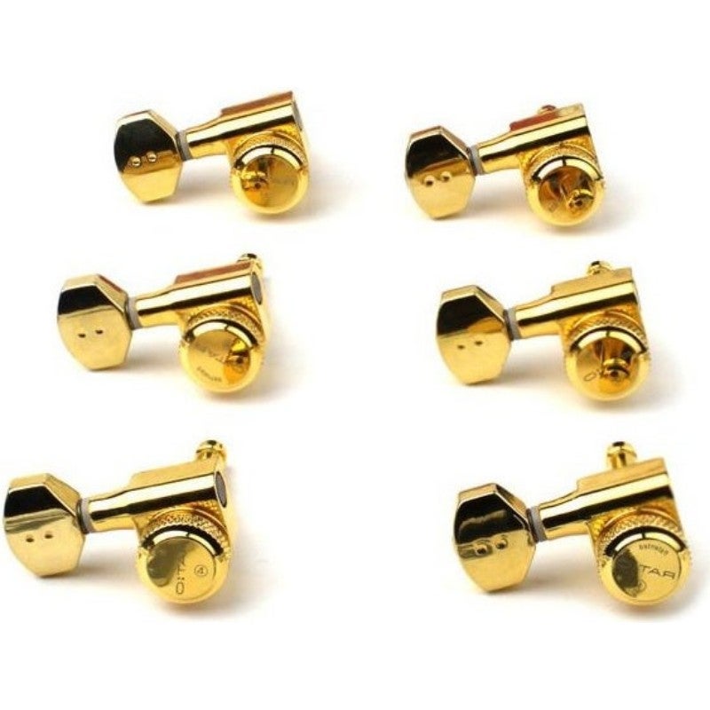 Graph Tech PRL 8721 LG0 Ratio Electric Locking Machine Heads met mini hedendaagse knop - 6-in-line, linkshandig, goud
