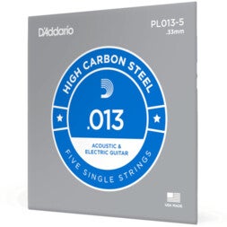 D'Addario PL013-5 Plain Steel Guitar Single String, .013 losse snaar voor elektrische gitaar (5 x)