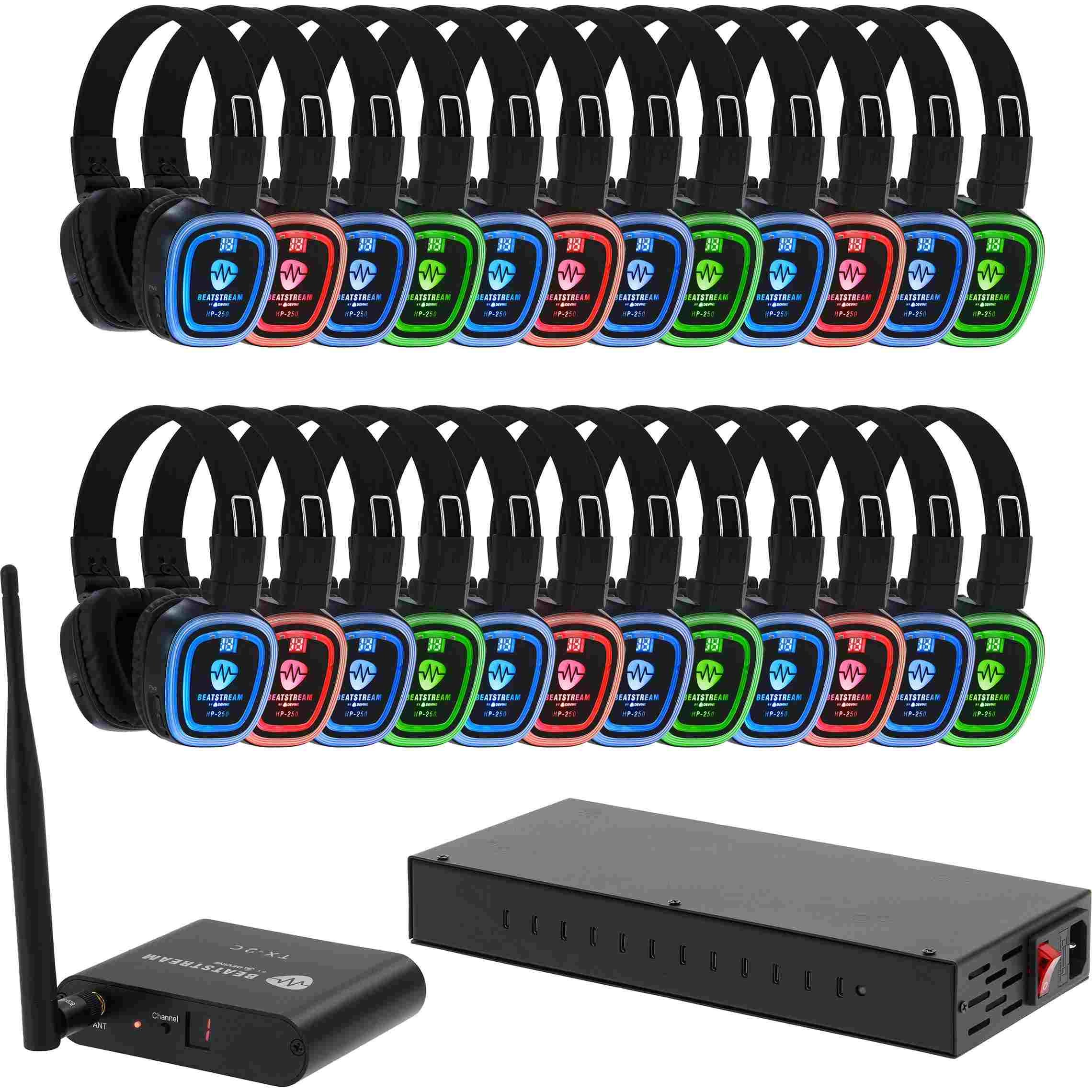 Devine BeatStream Silent Disco set met 24 hooftelefoons + TX-2C transmitter