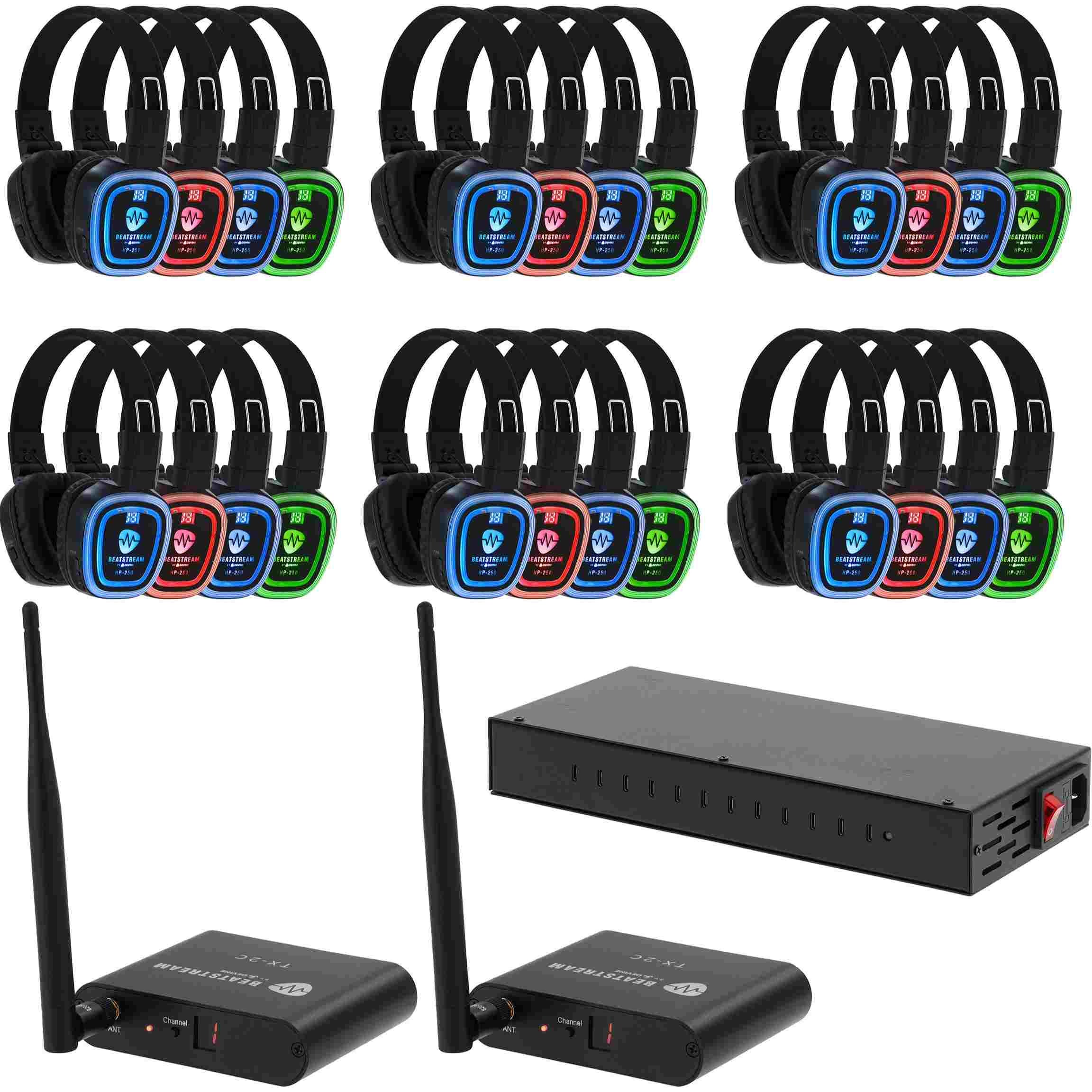Devine BeatStream Silent Disco set met 48 hooftelefoons + 2 TX-2C transmitters