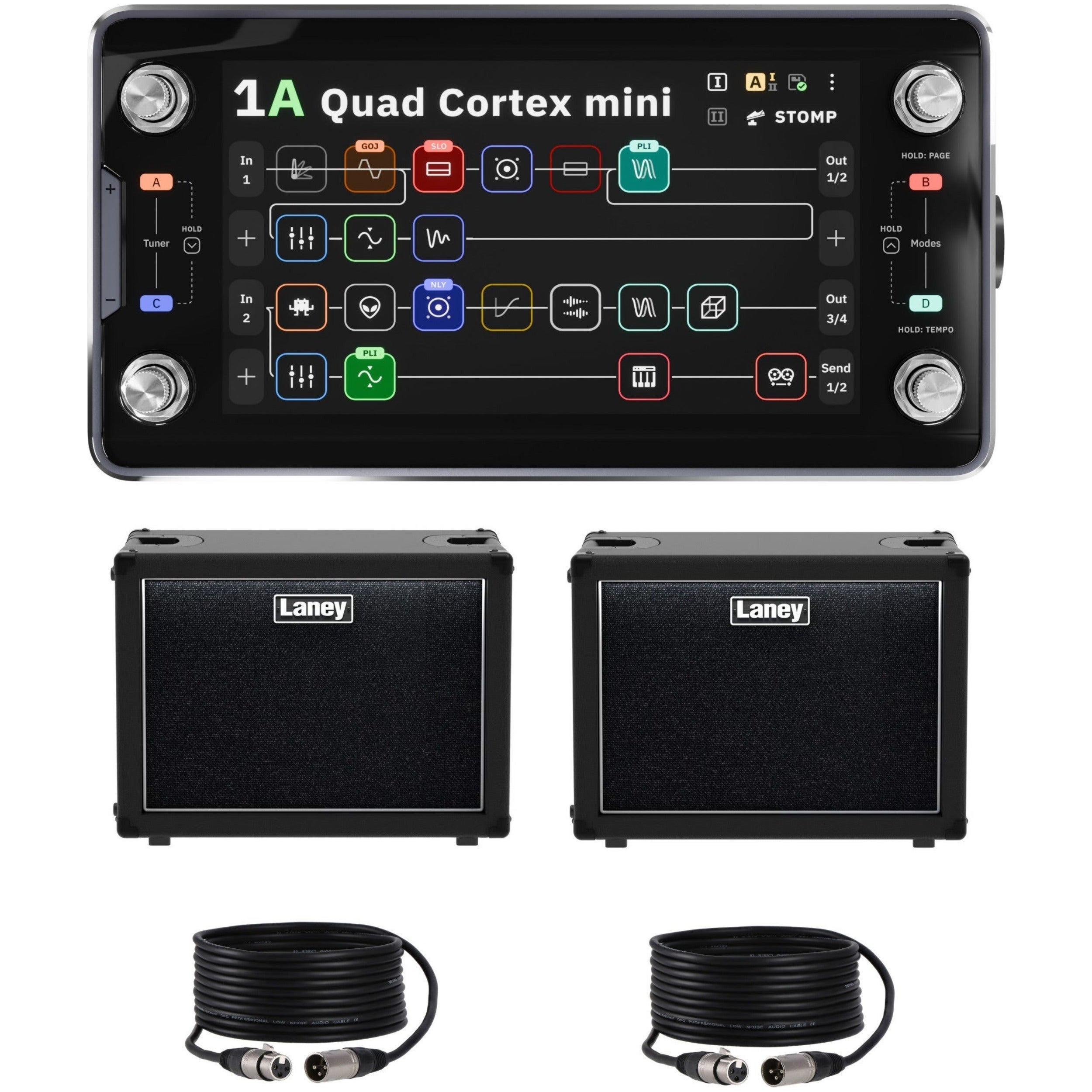 Neural DSP Quad Cortex Mini met actieve FRFR speakerkasten voor stereo setup