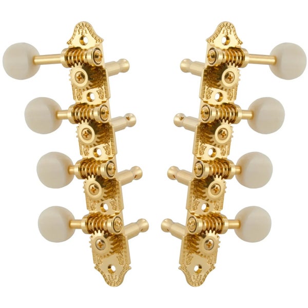 Grover 409FGW Professional Mandolin Standard "F"-Style Machine Head with White Button - Standard, 4 + 4 - Gold