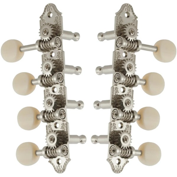 Grover 409FVNW Professional Mandolin Vintage "F"-Style Machine Head with White Button - Standard, 4 + 4 - Nickel