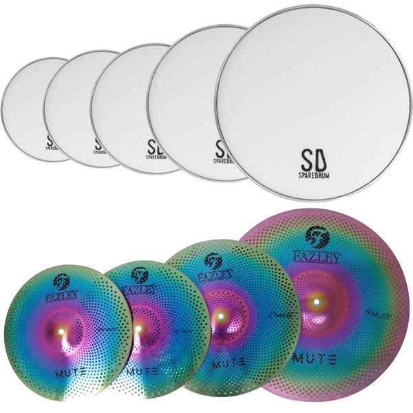 SpareDrum Rock Set gaasvellen met Fazley Mute bekkenset rainbow