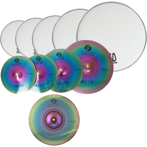 SpareDrum Rock Set gaasvellen met Fazley Mute grote bekkenset rainbow