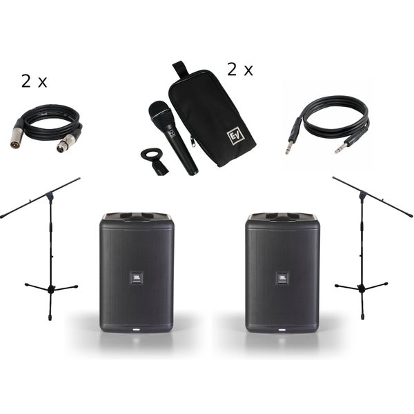 JBL EON ONE Compact (2 x),   Electro-Voice microfoons (2 x), statieven en kabels