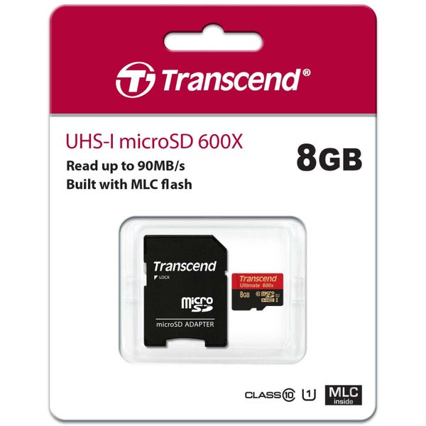 Transcend 8 GB microSDXC/SDHC met adapter U1, MLC, 600X