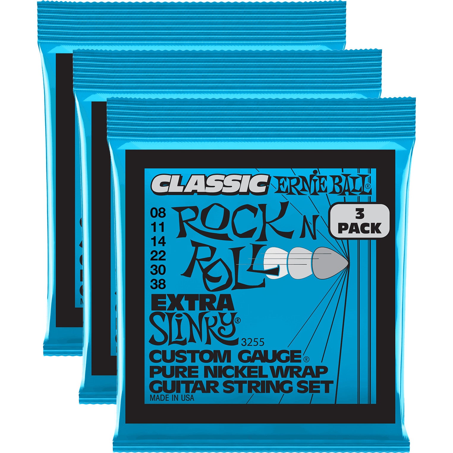 Ernie Ball 3255 Extra Slinky Classic Rock 'n Roll 8-38 Electric Guitar Strings (x3 Packs)