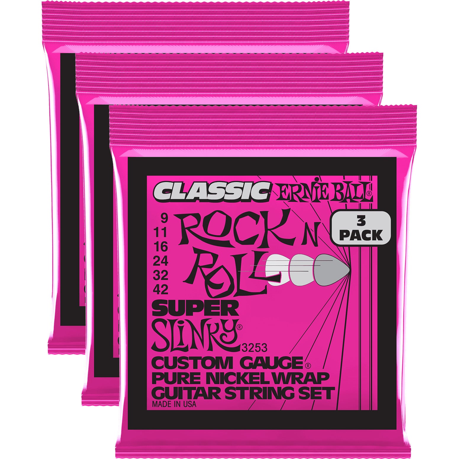 Ernie Ball 3253 Super Slinky Classic Rock 'n Roll 9-42 Electric Guitar Strings (3 Packs)