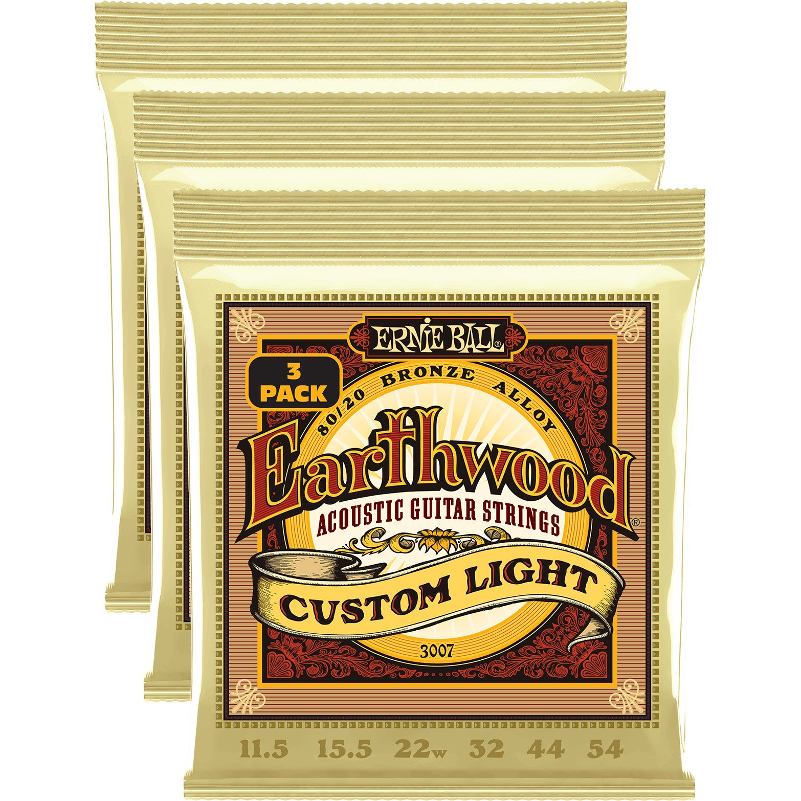 Ernie Ball 3007 Earthwood Custom Light 80/20 Bronze 11,5-54 Acoustic Guitar Strings (3 Packs)
