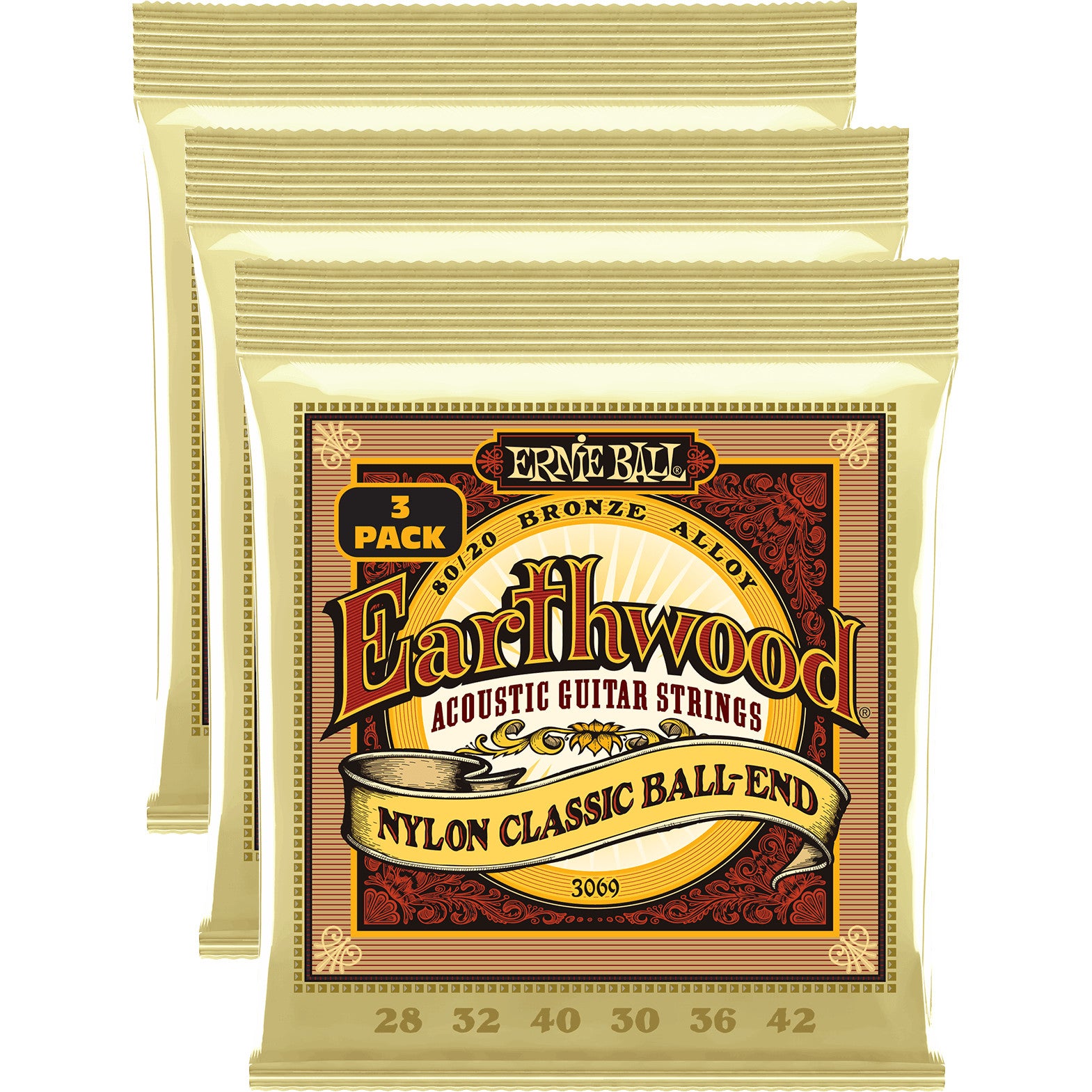 Ernie Ball 3069 Earthwood Folk Nylon Ball End 28-42 Classical Guitar Strings (3 Packs)