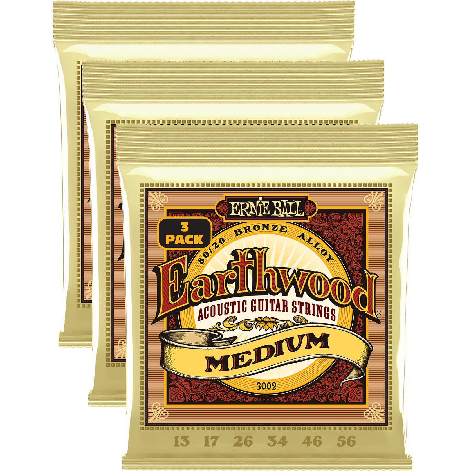 Ernie Ball 3002 Earthwood Custom Medium 80/20 Bronze 13-56 Acoustic Guitar Strings (3 Packs)
