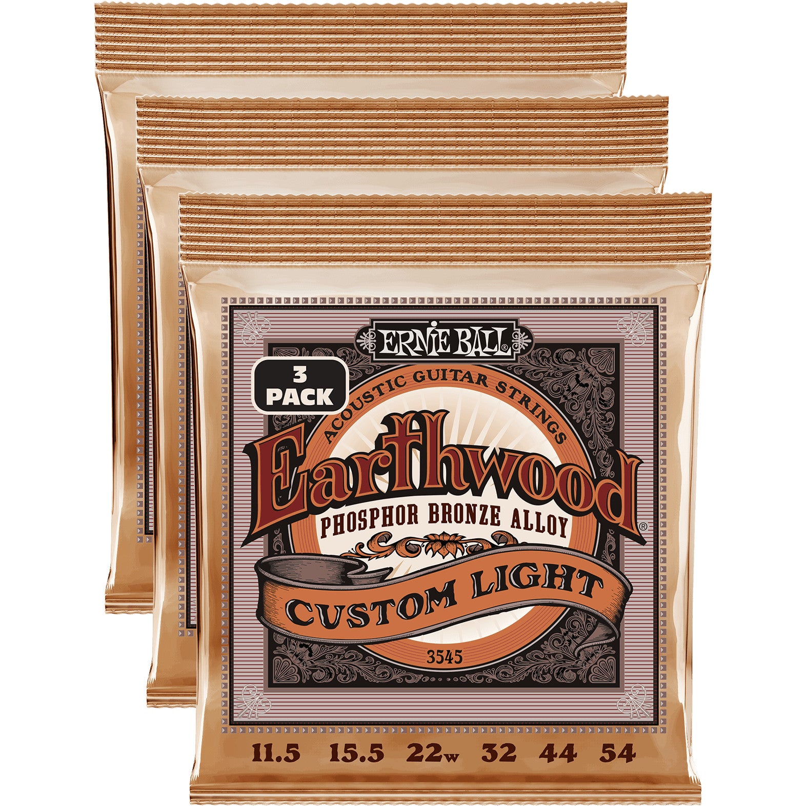 Ernie Ball 3545 Earthwood Custom Light Phosphor Bronze 11,5-54 Acoustic Guitar Strings (x3 Packs)